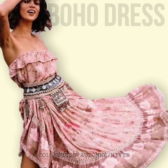 Dresses & Skirts - Bohemian Floral Print Maxi Dress Pink Boho Gypsy​​​​​​​​​